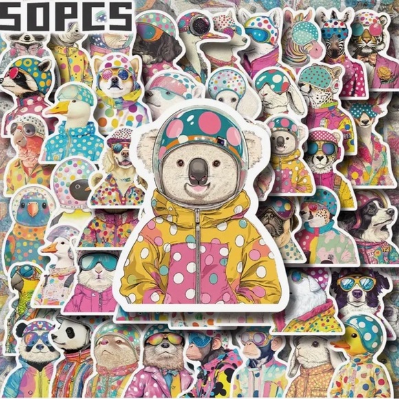 50 Animals in Pop Art Outfits Stickers Polka Dots Glasses Hats Jackets Fun Color - Picture 6 of 9